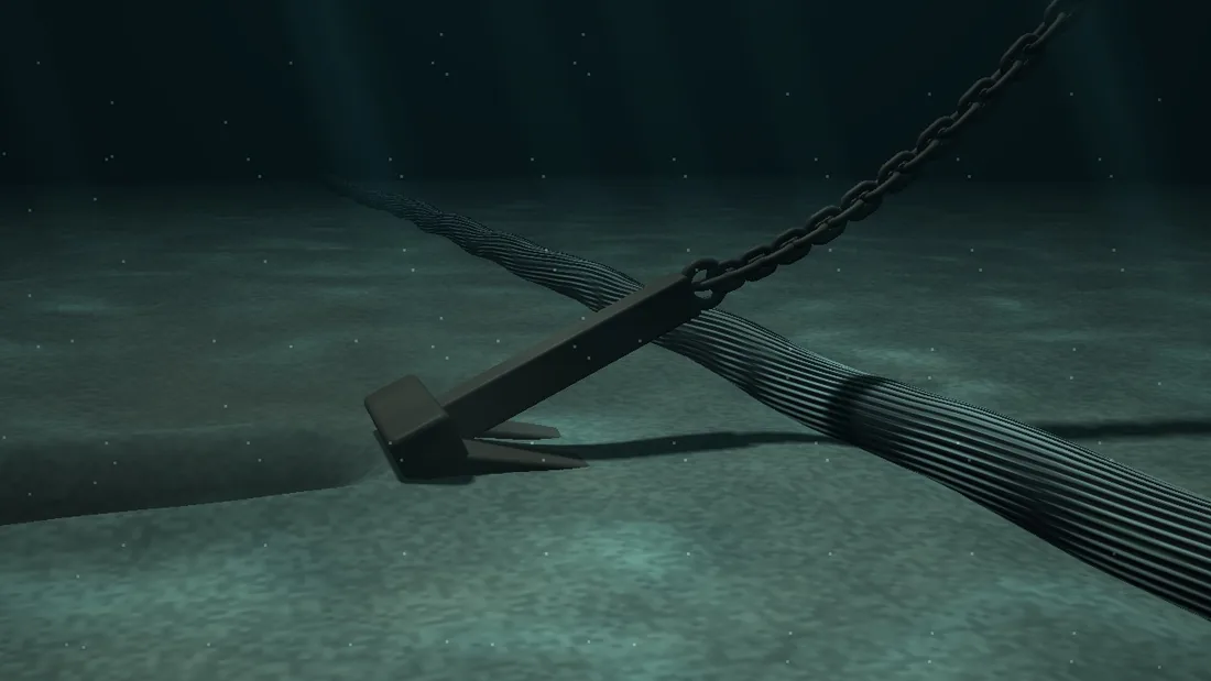 Illustration: an anchor drags across the seabed towards an armoured cable; Nero raises a Warning before contact.