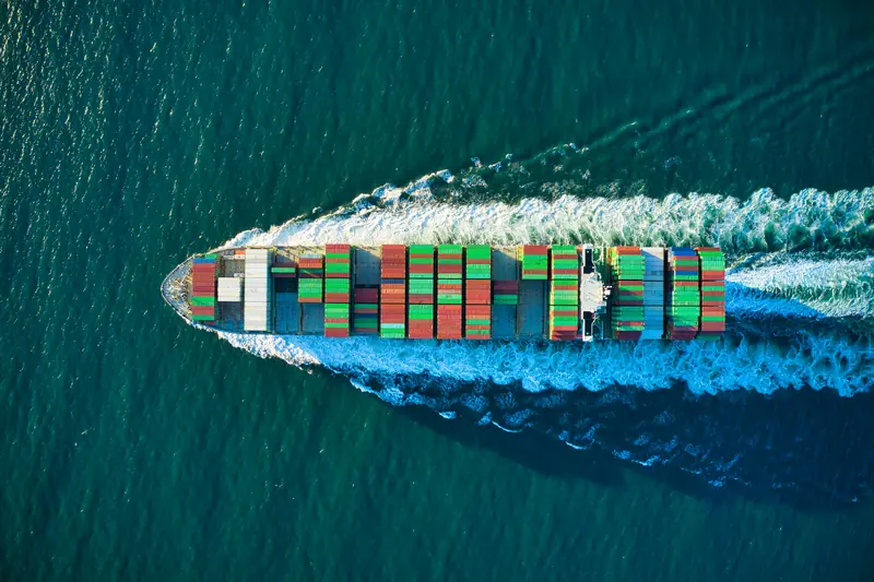 A container ship under way, seen from directly above